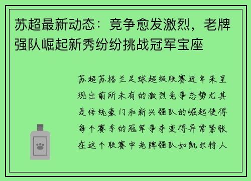 苏超最新动态：竞争愈发激烈，老牌强队崛起新秀纷纷挑战冠军宝座