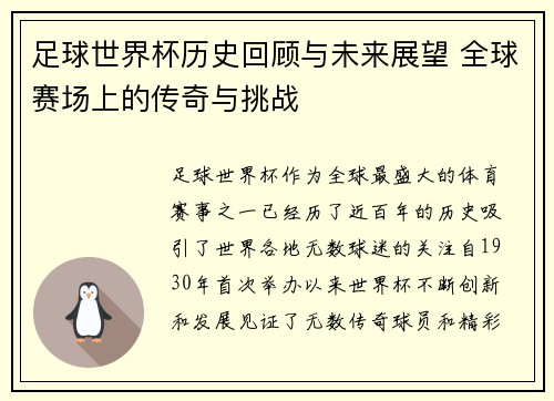 足球世界杯历史回顾与未来展望 全球赛场上的传奇与挑战
