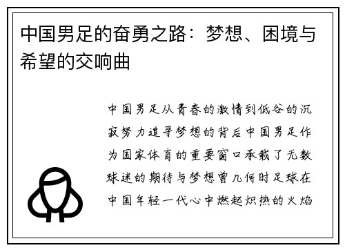 中国男足的奋勇之路：梦想、困境与希望的交响曲